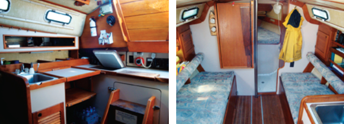 The galley is typical of a boat of this size and vintage but has lots of stowage spaces, at left above. A portable cooktop can be set on the counter. The saloon is functional and takes advantage of the boat’s high freeboard to provide generous sitting headroom, at right above.