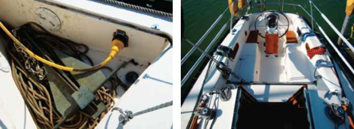 A factory option was to have the shorepower connection, the waste-discharge port, and the water-tank fill fitted in the anchor well, at left above. The short cockpit seats can be extended by inserting boards aft, though this restricts movement around the pedestal, at right above.