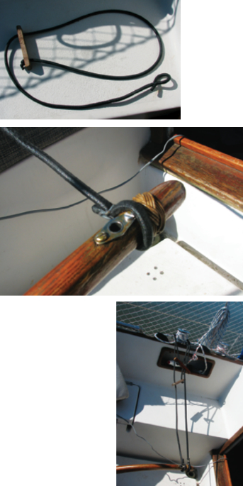 A length of shock cord and a scrap of wood make up a low-budget adjustable steering control, at left and below. A pair of these devices can handle varied conditions, at bottom.