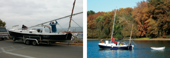 The mast can be lowered under way, to duck under a bridge. The procedure is even easier on land and can be done by one person, but two always helps, at left. True North motoring toward the beach with her dinghy, Due South, near the shore of Kentucky Lake, at right.