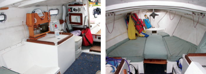 Placing the portable toilet next to the galley is bad feng shui, but that’s life aboard a camping cruiser. The molded fiberglass seat forward of the icebox is nicely contoured, at left. The interior is simple and utilitarian, but with the board folded down and the center cushion in place, a sailing couple has a comfy queen-sized berth, at right. Note the platform forward for standing on when handling the jib or ground tackle.