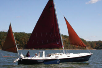 Nick and Gayle Scheuer get a lot of use out of their Shearwater 28, True North. here they are sailing on the wind with a reef in the jib and the windward leeboard raised.