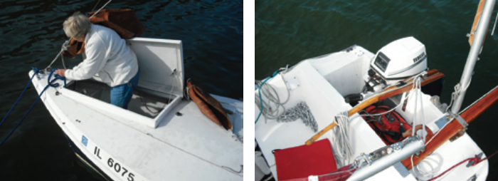 The hatches are intended to eliminate walking on the deck; Gayle Scheuer emerges from the forward hatch, at left, to tend the mooring line at a raft-up. The stern of a Shearwater 28, at right, is a busy place, with outboard, fuel tank, boomkin, mizzen mast, mizzen sheet, main sheet, rudder, and control lines for the rudder’s kick-up mechanism.