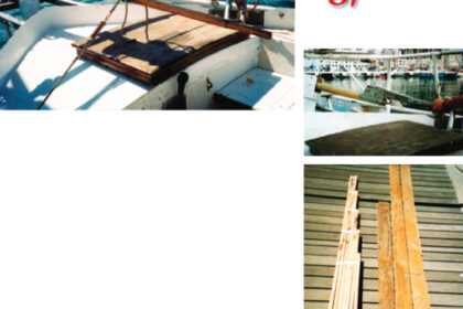 Sigfrid’s new tiller is elegant and functional (at left). It replaced a shorter tiller that was used with an extension, at top below, when it was not connected by cables to a steering wheel. A supply of secondhand oak floorboards provided the ideal material for laminating into the desired shape, at bottom.