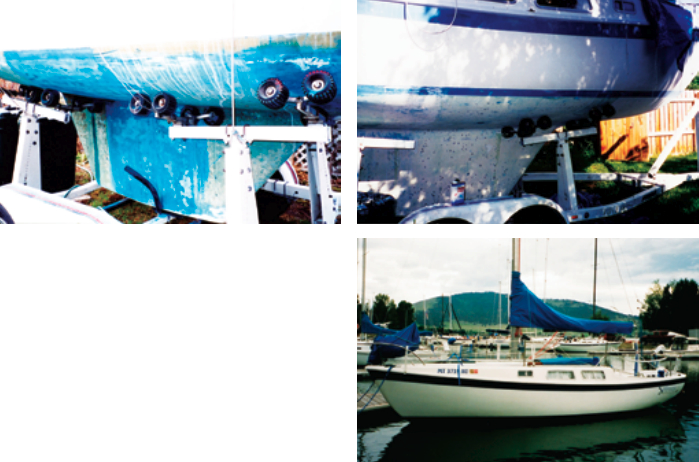 Chris started his upgrades to Sinfonietta on the outside. He scraped off her old bottom paint, above left, filled blister holes, above right, and polished her topsides and repainted her sheer stripe, at right.