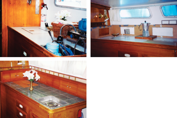 The Cal 25’s galley was basic, above left. Chris removed the stove and mocked up cabinets to surround the countertop, above right. The finished galley, with its tiled top, glows, at left.