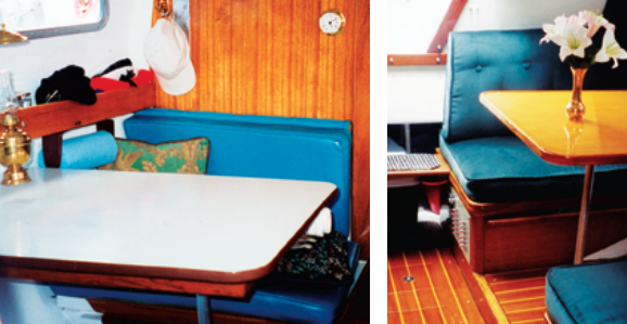 To fit Chris’s vision for Sinfonietta, the blue vinyl had to go, far left. He reupholstered the dinette with velour and had a new table made, near left.
