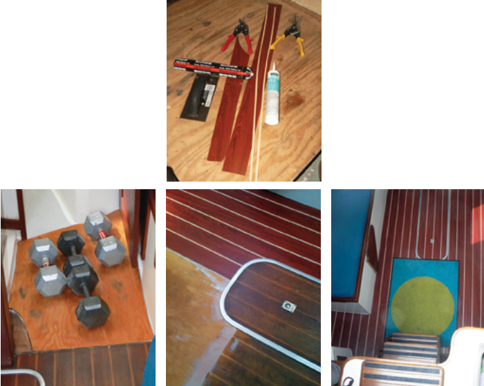 With NuTeak strips, adhesive, and tools, David was ready to roll, at left. Exercise weights got a workout holding down the subfloor while the glue set, at left below, and the new sole really put the tired old sole to shame, bottom middle and right.