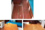The NuTeak sole jazzes up the whole cabin in Time-Out, at left. Before laying it, David had to cut out part of the old sole, below.