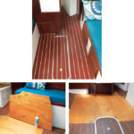 The NuTeak sole jazzes up the whole cabin in Time-Out, at left. Before laying it, David had to cut out part of the old sole, below.