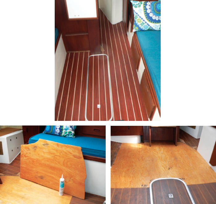The NuTeak sole jazzes up the whole cabin in Time-Out, at left. Before laying it, David had to cut out part of the old sole, below.