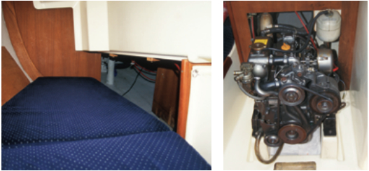A removable panel inboard of the quarter berth on the starboard side gives access to the propeller shaft and packing gland, right. The companionway and engine box can be removed to reveal the engine and its service points, far right.