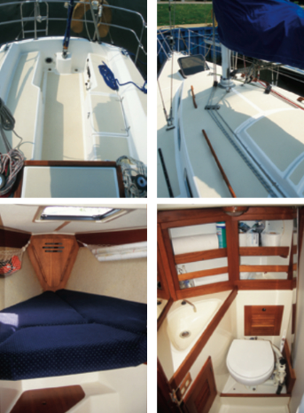 The cockpit, top left, is straightforward and clean, with seats long enough to lie down on, tiller steering standard, and a mechanical backstay adjuster. Halyards are led aft through turning blocks and a sea hood protects the forward side of the companionway hatch, top right. In the forward cabin, an insert cushion completes the V-berth, at right. Like the rest of the interior, the head is nicely trimmed in oiled teak, far right.