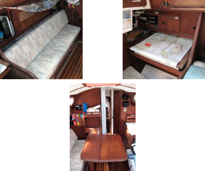 The port settee, at left, extends to make a double berth. Above it is open-shelf and cabinet storage. The 40-gallon water tank is beneath. The navigation station, at right, located in the port quarter area, is well designed and large for a boat this size. The dining table, below, is good sized and folds in half for stowage vertically against the bulkhead when not in use.