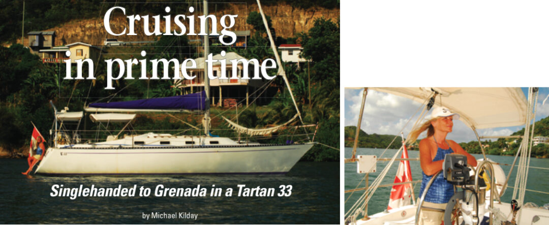 At anchor in Grenada, after a long and sometimes arduous cruise south, Cassiopeia I shows off her classic lines and her purple sailcover, opposite page. Mina, her singlehanded skipper, surveys the scene from the helm, at right.