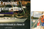 At anchor in Grenada, after a long and sometimes arduous cruise south, Cassiopeia I shows off her classic lines and her purple sailcover, opposite page. Mina, her singlehanded skipper, surveys the scene from the helm, at right.