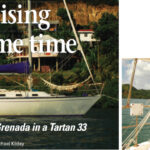 At anchor in Grenada, after a long and sometimes arduous cruise south, Cassiopeia I shows off her classic lines and her purple sailcover, opposite page. Mina, her singlehanded skipper, surveys the scene from the helm, at right.