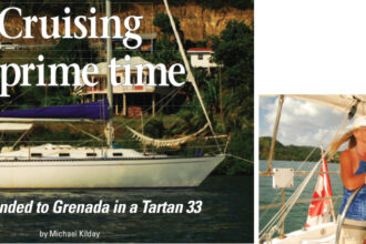 At anchor in Grenada, after a long and sometimes arduous cruise south, Cassiopeia I shows off her classic lines and her purple sailcover, opposite page. Mina, her singlehanded skipper, surveys the scene from the helm, at right.