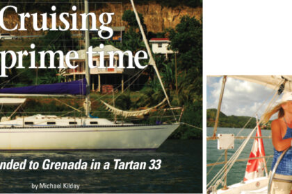 At anchor in Grenada, after a long and sometimes arduous cruise south, Cassiopeia I shows off her classic lines and her purple sailcover, opposite page. Mina, her singlehanded skipper, surveys the scene from the helm, at right.