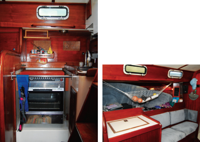 Tucked close by the companionway, the galley on Cassiopeia I is compact, with everything close at hand, at left. In the saloon, a pilot berth provides temporary stowage, below. The gray upholstery is unusual, and matches the Tartan’s dark woodwork admirably.