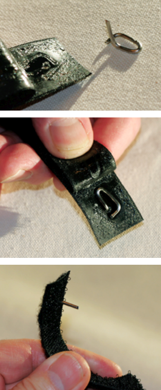 A simple turnbuckle lock can be made from a short length of wire and sticky-back Velcro, at top. The pin end of the wire pokes through the “hooked” Velcro and the loop holds it in position, at center. When the “fuzzy” Velcro is applied, the loop is held fast, at bottom. The combined Velcro strip sticks to itself when wrapped around the turnbuckle, holding the pin in the screw.