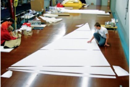 Components of Sailrite sail kits are computer cut, including the corner reinforcement patches, above. Isaiah Grant (the third generation of the Grant family to enter the business) is shown here laying out the panels for a genoa.
