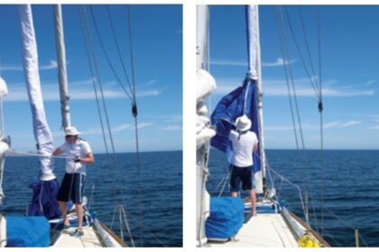 One, two, three, up! Setting the Code-0 in no breeze is a breeze, left to right. That’s what this graying sailor bought it for, as a quieter and less fragrant alternative to turning on the engine in light air.