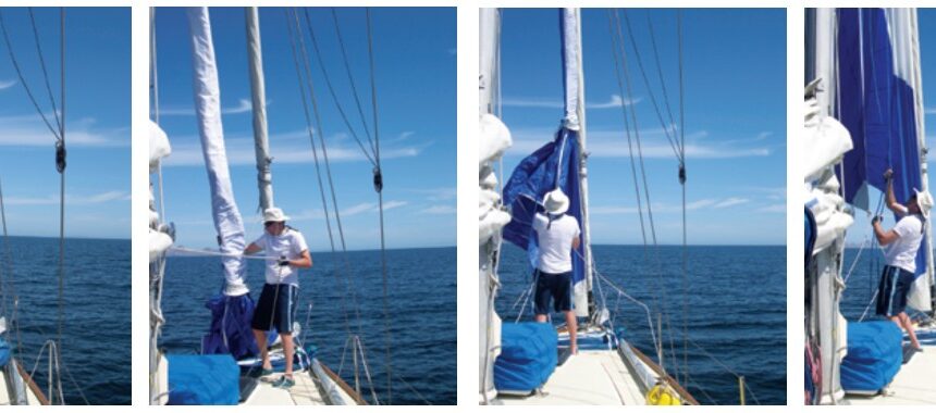 One, two, three, up! Setting the Code-0 in no breeze is a breeze, left to right. That’s what this graying sailor bought it for, as a quieter and less fragrant alternative to turning on the engine in light air.