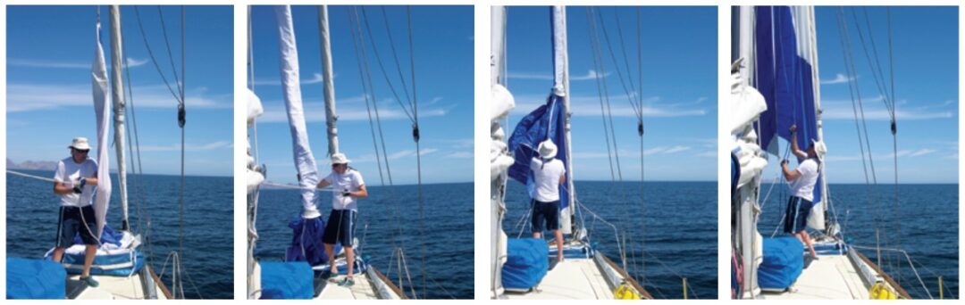 One, two, three, up! Setting the Code-0 in no breeze is a breeze, left to right. That’s what this graying sailor bought it for, as a quieter and less fragrant alternative to turning on the engine in light air.