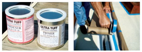 When Sea Trek’s decks came due for a retread, her owners chose Ultra Tuff, at left. A big part of the job was prep, and all hands were involved: those of Chuck Baier and Susan Landry, at right.