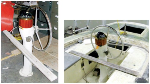 The compass and binnacle crown the steering pedestal, at left, and when moved to the boat, at right, set a standard for the remaining restoration.