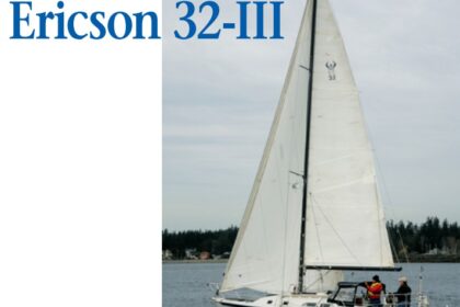 In about 6 knots of wind, Raconteur, the Ericson 32-III of Jerry and Jean Riggs, glides along leaving very little wake. The hull’s lines are still attractive, even though the style of the reverse transom gives away her age. Note the signature Ericson portlights in the cabin trunk.