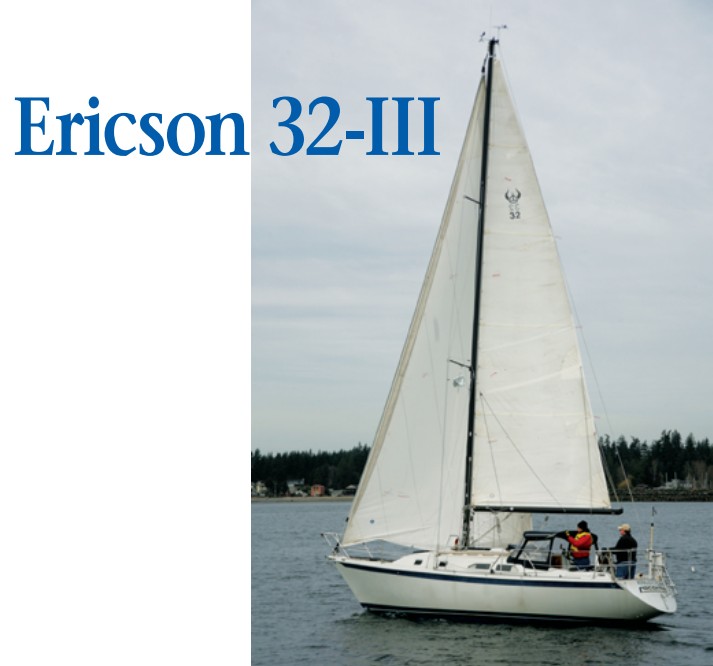 In about 6 knots of wind, Raconteur, the Ericson 32-III of Jerry and Jean Riggs, glides along leaving very little wake. The hull’s lines are still attractive, even though the style of the reverse transom gives away her age. Note the signature Ericson portlights in the cabin trunk.