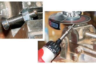 Jerry makes a simple punch by turning a machine screw with a screwdriver while grinding its tip, right. Pressure from the vise holds the screw firmly in a split nut, left.