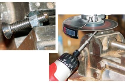 Jerry makes a simple punch by turning a machine screw with a screwdriver while grinding its tip, right. Pressure from the vise holds the screw firmly in a split nut, left.