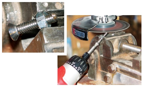 Jerry makes a simple punch by turning a machine screw with a screwdriver while grinding its tip, right. Pressure from the vise holds the screw firmly in a split nut, left.