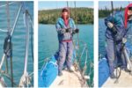 Once the anchor is under the bow, the ascender is attached to the rode and clipped to a halyard, at left. While Jerry (off camera) hoists away on the halyard, Karen, at center, guides the anchor rode until she has the anchor and chain (and a little mud) on deck, at right.