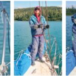 Once the anchor is under the bow, the ascender is attached to the rode and clipped to a halyard, at left. While Jerry (off camera) hoists away on the halyard, Karen, at center, guides the anchor rode until she has the anchor and chain (and a little mud) on deck, at right.