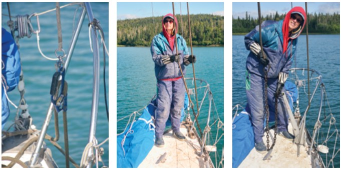 Once the anchor is under the bow, the ascender is attached to the rode and clipped to a halyard, at left. While Jerry (off camera) hoists away on the halyard, Karen, at center, guides the anchor rode until she has the anchor and chain (and a little mud) on deck, at right.
