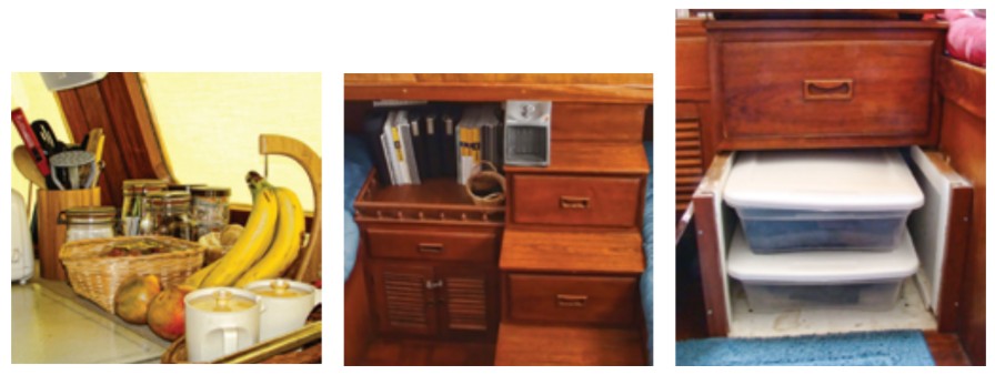 Once the obvious storage locations — on shelves, on bulkheads, and under berths — are taken up, it’s time to explore the less obvious, such as under steps, for stowing less-used articles.