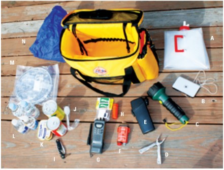 What goes into a ditch bag is a matter of personal choice and will depend on where you sail. Here is a selection of items, some of them essential and all of them useful. (A) folding, plastic 5-gallon water jug (B) signaling mirror (C) waterproof flashlight (D) stainless-steel multi-tool (E) fishhooks and line (F) waterproof strobe light (G) waterproof VHF-FM marine-band radio (H) waterproof matches and match-holder (I) stainless-steel knife (J) plastic spoons (K) pop-top food cans (L) water bottles (M) folding plastic bucket (N) lightweight foul-weather gear and hats