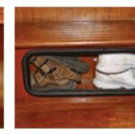 With a little carpentry work, Chuck exploited unused space behind and under the boat’s stairs, at left and center. Out-of-season clothes are “vacuum” packed, at right.