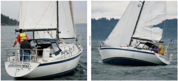 Raconteur’s dodger, in conjunction with relatively high seatbacks, provides the cockpit with good protection from the elements. The shrouds are inboard, leaving the sidedecks unobstructed, at left. During a late-season race, the wind piped up to about 35 knots, and before Raconteur’s crew could take in a second reef, the mainsail split from leech to luff, at right. The black-anodized spars were in style in the mid 1980s.