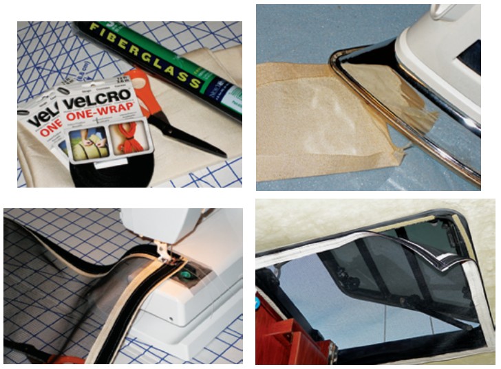 A sewing machine, simple tools, and readily available materials are all it took to make a pair of hatch screens, top left. After cutting the fabric strips, Chris folded the cut edges inward, then ironed the folds to set them, top right. Chris sewed the fabric strips to enclose the edges of the screen material, then sewed the Velcro to the fabric, lower left. The finished screen, attached to Velcro glued to the hatch surround, lets in light and air but denies entry to bugs, lower right.