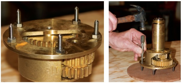 Jerry’s five punches are secured into the base of the winch in guaranteed alignment with the holes in the winch base, left. With the winch in position, Jerry raps each punch with a nail set to transfer the drilling pattern to the backing block, right.
