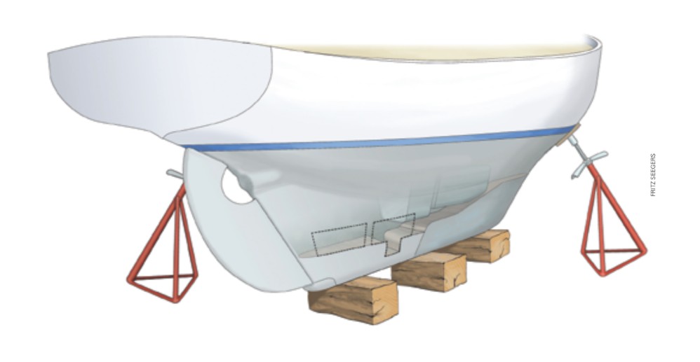Caribee suffered from recurring blisters. Randy attributed them to persistent moisture in the inaccessible reaches of the bilge and took radical action.