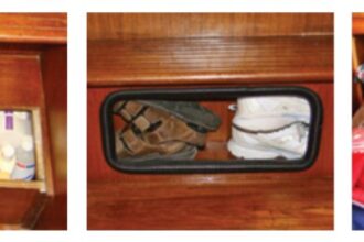 With a little carpentry work, Chuck exploited unused space behind and under the boat’s stairs, at left and center. Out-of-season clothes are “vacuum” packed, at right.