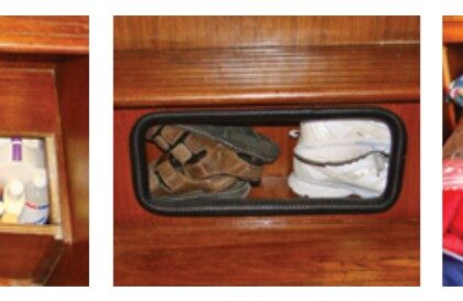 With a little carpentry work, Chuck exploited unused space behind and under the boat’s stairs, at left and center. Out-of-season clothes are “vacuum” packed, at right.
