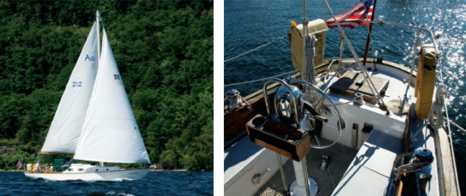 Tom Alley’s 1965 Alberg 35, Tomfoolery, demonstrates that, even at 40-something, she is sweet on the eye and has a sweet way with the water, just the way Carl Alberg designed her, left. Like most of the old Pearsons, the Alberg 35 has an afterdeck with a lazarette and teak coamings as backrests. Note the tiller head behind the wheel; fitting an emergency tiller will take some ingenuity, at right.