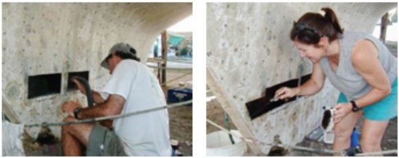 Cutting into it from outside the hull revealed the black truth that was the inside of the bilge, at left. Before going any further, Randy and Cheryl had to clean it out, at right.